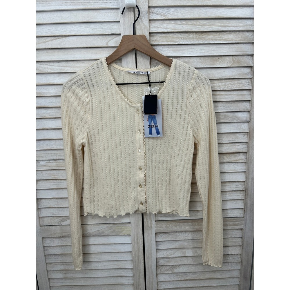 Celebrity Pink Pointelle Knit Cardigan M Cream Ruffle Trim Crop Top